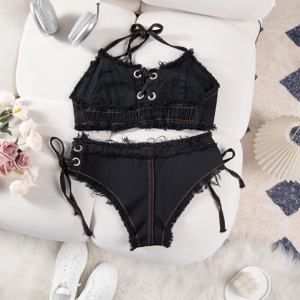 DEKA Retro Women Bikini Denim Suits Summer Halter Camis+ Mini Pant Lingerie Fashion Vacation Swimsuits Sexy Bra&Briefs Sets