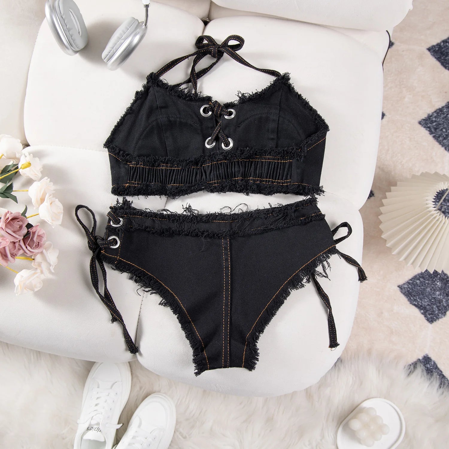 DEKA Retro Women Bikini Denim Suits Summer Halter Camis+ Mini Pant Lingerie Fashion Vacation Swimsuits Sexy Bra&Briefs Sets