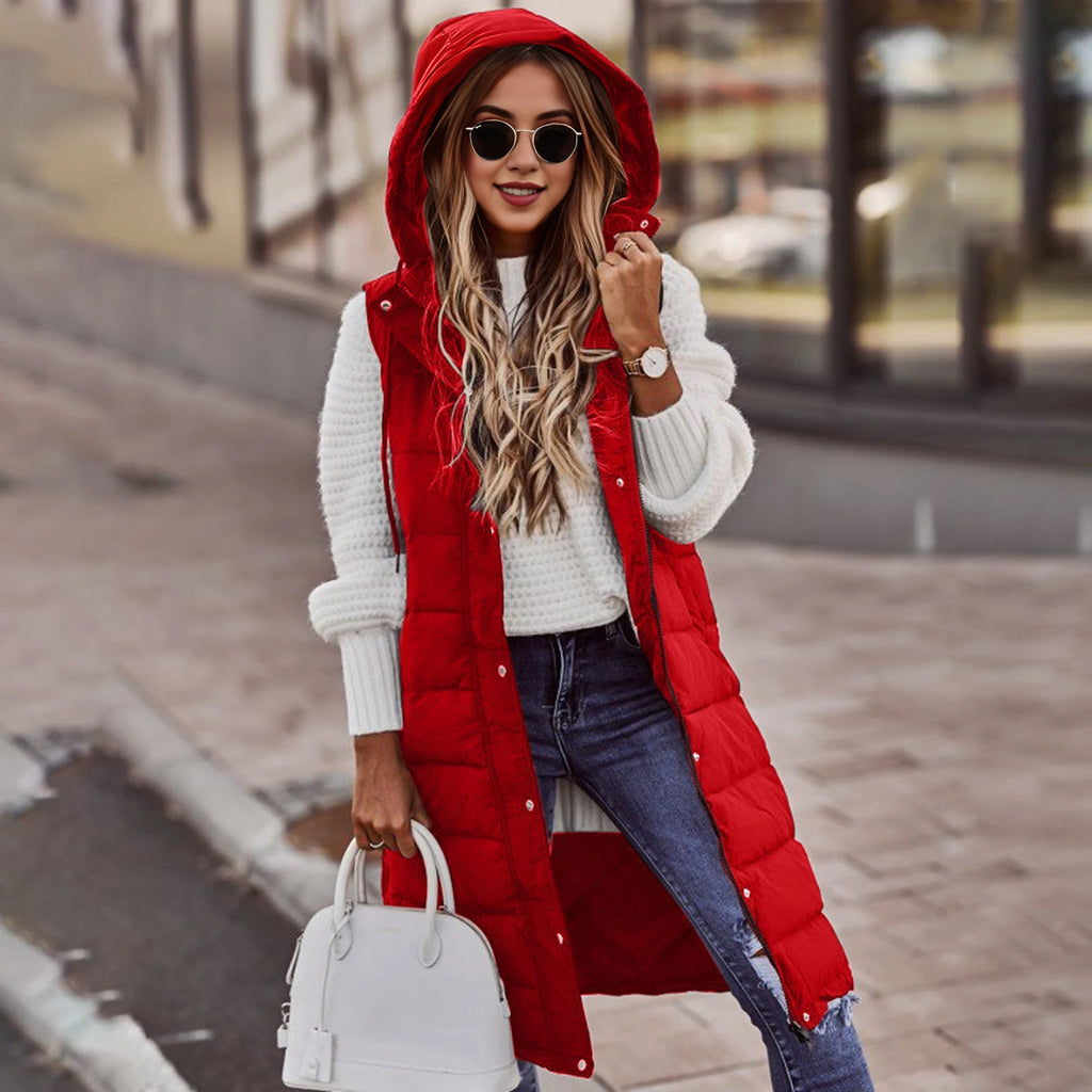 Women's Long Coat Vest With Hood Autumn Winter Sleeveless Warm Cotton Down Coat Waistcoat Quilted Vest Down Jacket Outwear 2XL