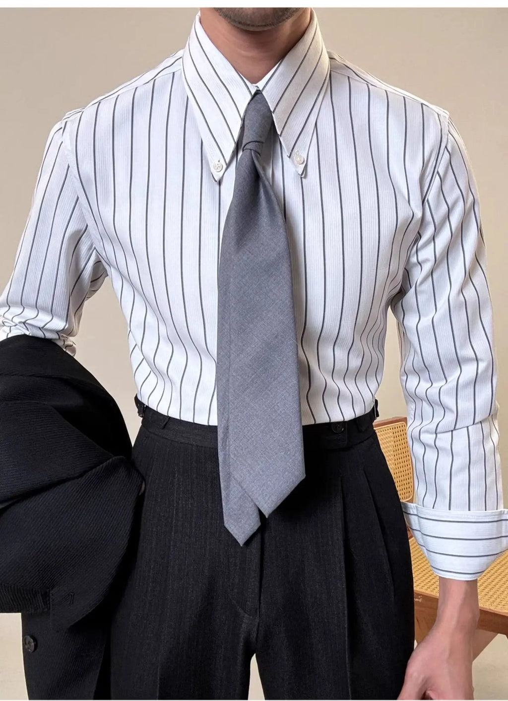 Anti-wrinkle Tianshan Cotton Italian Long Point Collar White Striped Shirt Men's Long Sleeve Casual Business Shirt