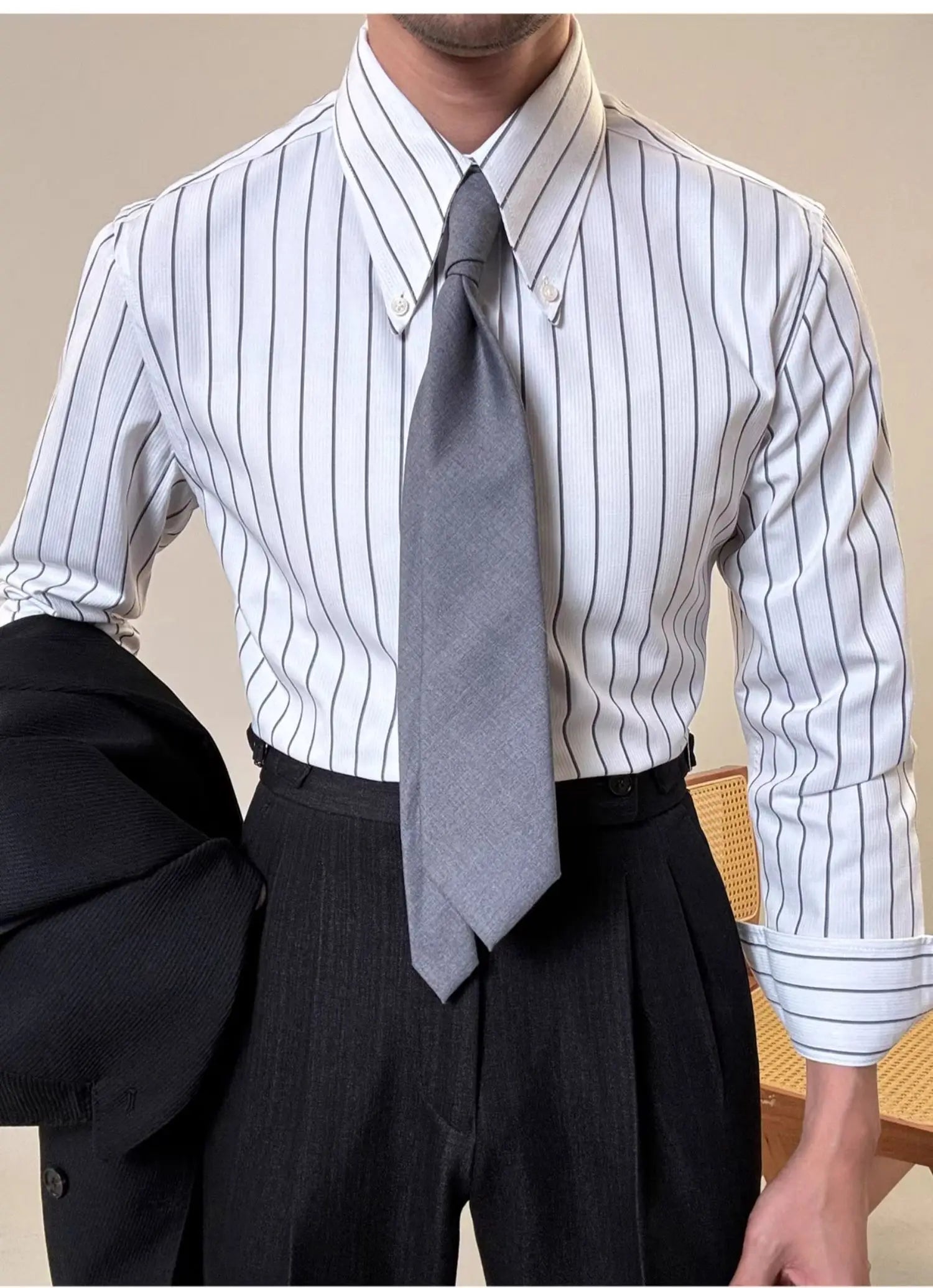 Anti-wrinkle Tianshan Cotton Italian Long Point Collar White Striped Shirt Men's Long Sleeve Casual Business Shirt