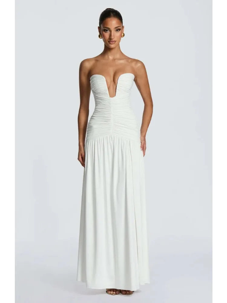 Women 2026 Deep‑V‑Neck Pleated Ruched Strapless Off‑Shoulder Maxi Dress Backless High Slit Elegant Evening Party Gown