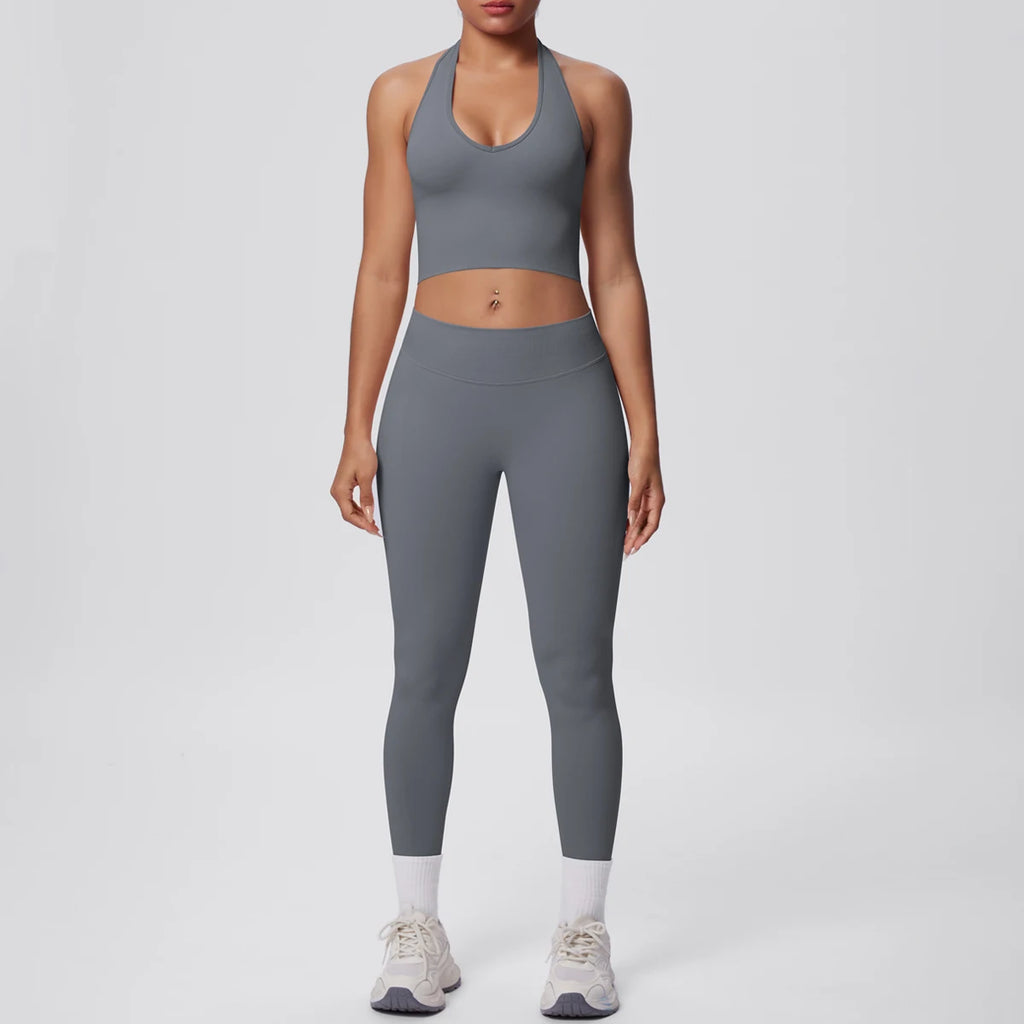 Rooftrellen 2PCS/set Women Gym Sports Yoga Set Breathable Shockproof Workout Top Backless Bra Push Up Fitness Pants Yoga Set