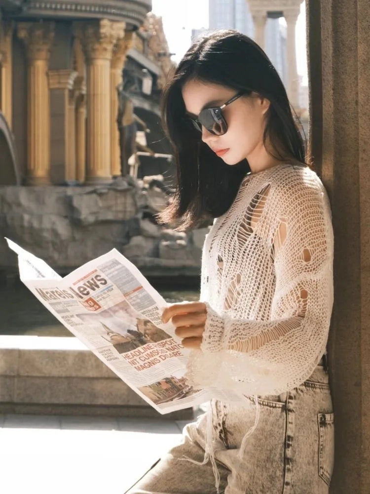 Sexy White Slash Neck Grunge Knitted Women's Sweater Hole Ripped Pullover Crop Top Harajuku Hollow Out Fashion Summer Jumpers