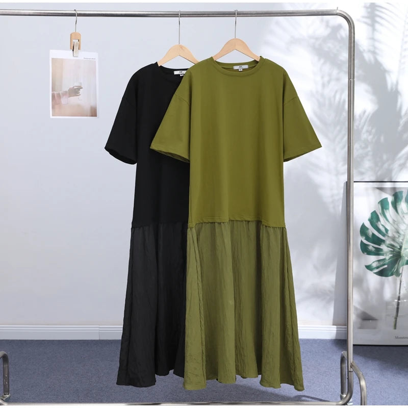Solid Color Loose Fit Flare Sleeve Tiered Dress Crew Neck Ruffle Hem Pleated Long Maxi Dresses 2026 Spring Chic Casual Outwear