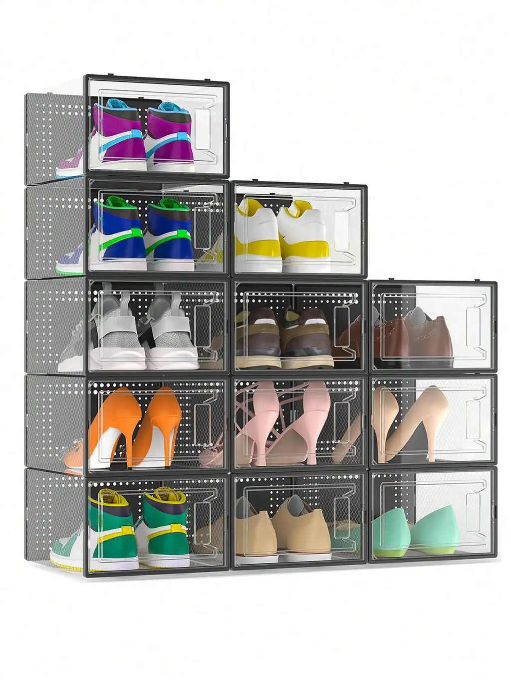12 Pack Large Clear Plastic Stackable Shoe Storage Boxes with Lids, Modular Space Saving Sneaker Display Organizer Bins for Closet