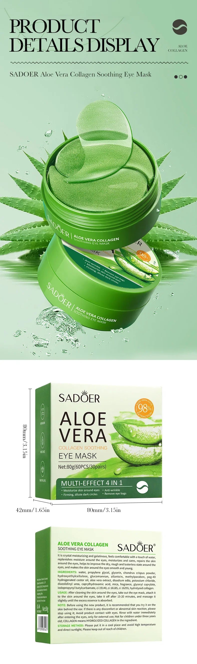 SADOER Aloe Vera Collagen Eye Mask 60pcs Hydrating Moisturizing Firming Reduce Dark Circles Under Eye Pads Skin Care