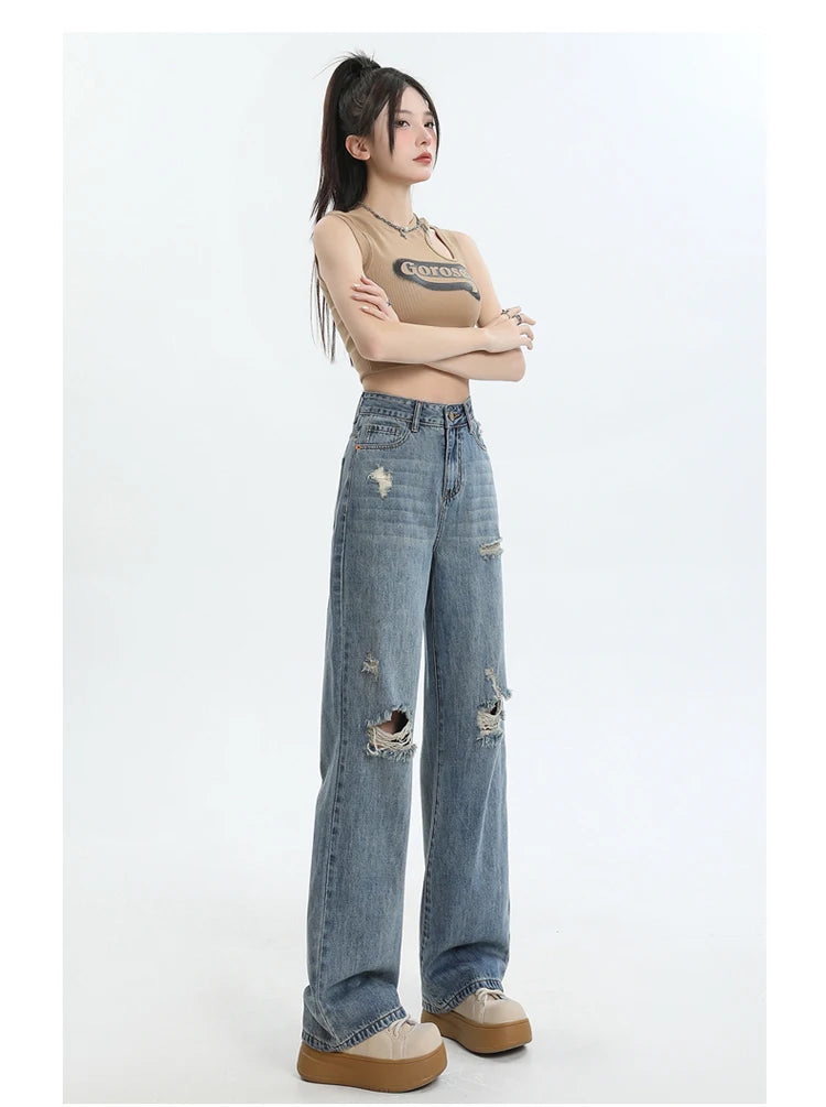 New Ripped Casual Loose Women Jeans High Waist Blue Korean Straight Pants Female Chicly Fashion Street Slim Woman Jeans