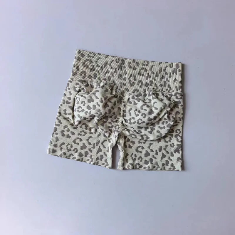 Sexy Leopard Print Seamless Yoga Shorts High Waist Peach Butt Lift Tummy Control 4-Way Stretch Breathable Workout Cycling Pants