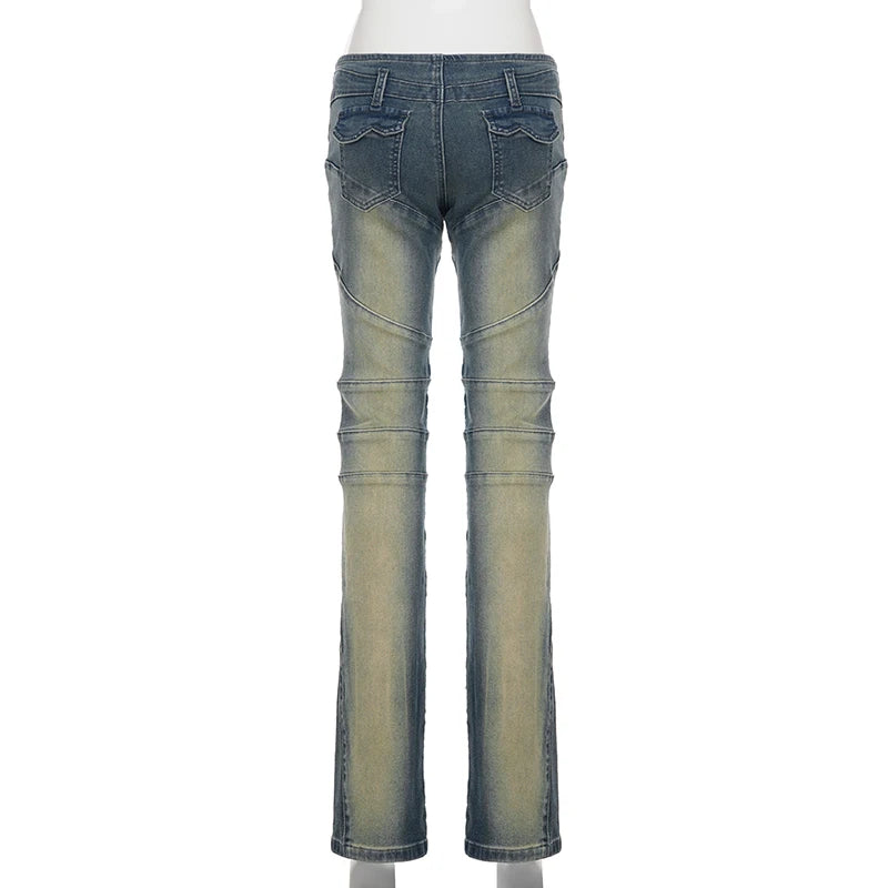 SUCHCUTE Fashion Vintage Low-Waisted Jeans for Women Y2K Streetwear Slim Denim Pants Retro Grunge Skinny Jeans All Match Clothes