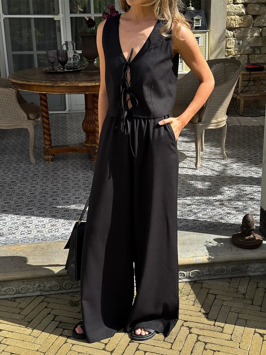 Women Spring Summer V Neck Tie Front Crop Vest High Waist Wide Leg Pants 2 Piece Set