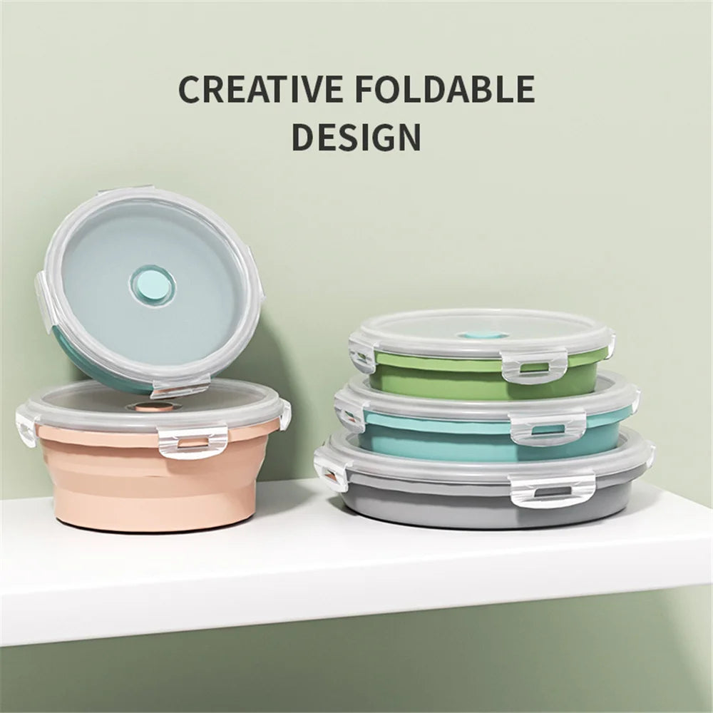1PCS Food grade round portable foldable silicone lunch box refrigerator microwave oven lunch box storage box outdoor lunch box