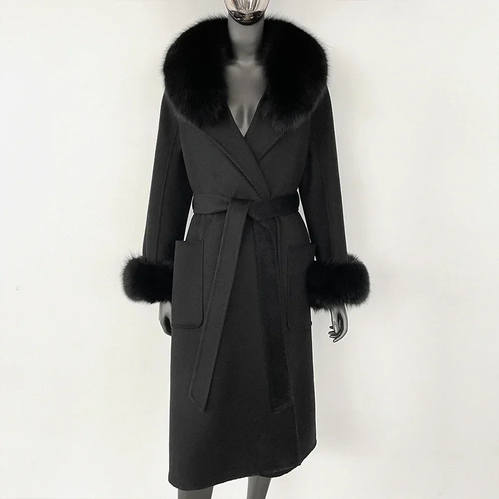 Real Fox Fur Collar Woolen Coat Women's Autumn Winter Warm Natural Fur Coat Casual Wool Fur Jacket Fashion Long Fur Coat Women's