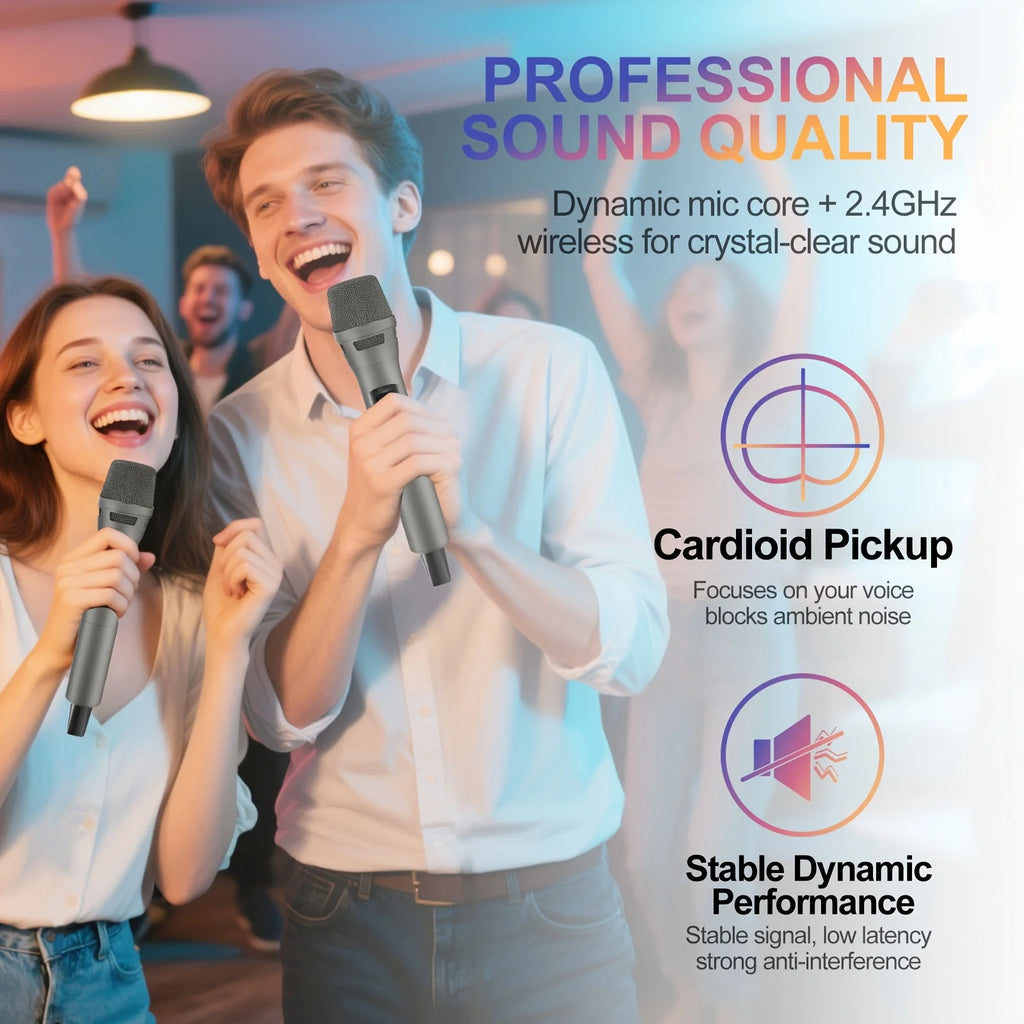2.4GHz Wireless Microphone System with 100ft Range - 2 Rechargeable Mics for Karaoke, Party, Wedding | Plug & Play, Crystal Clea