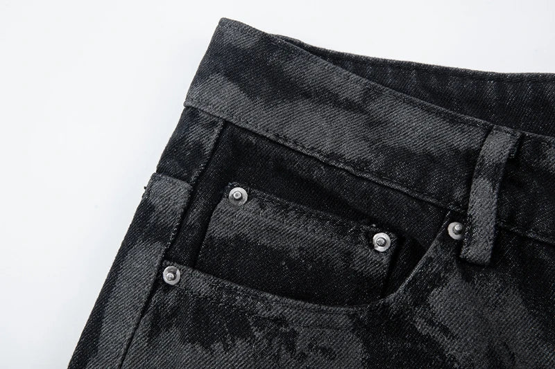 Men's Tie Dye Flared Denim Jeans Washed Handmade Brushed Wax Coating Casual Jean Pants Y2k Streetwear Slim Fit Bootcut Pants