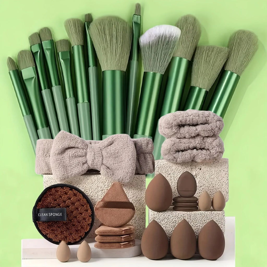 33Pcs Full Makeup Tool Kit, 13 Brushes + Sponges + Finger Puffs + Headband for Face Eye Makeup Daily Touch Ups Travel Kit