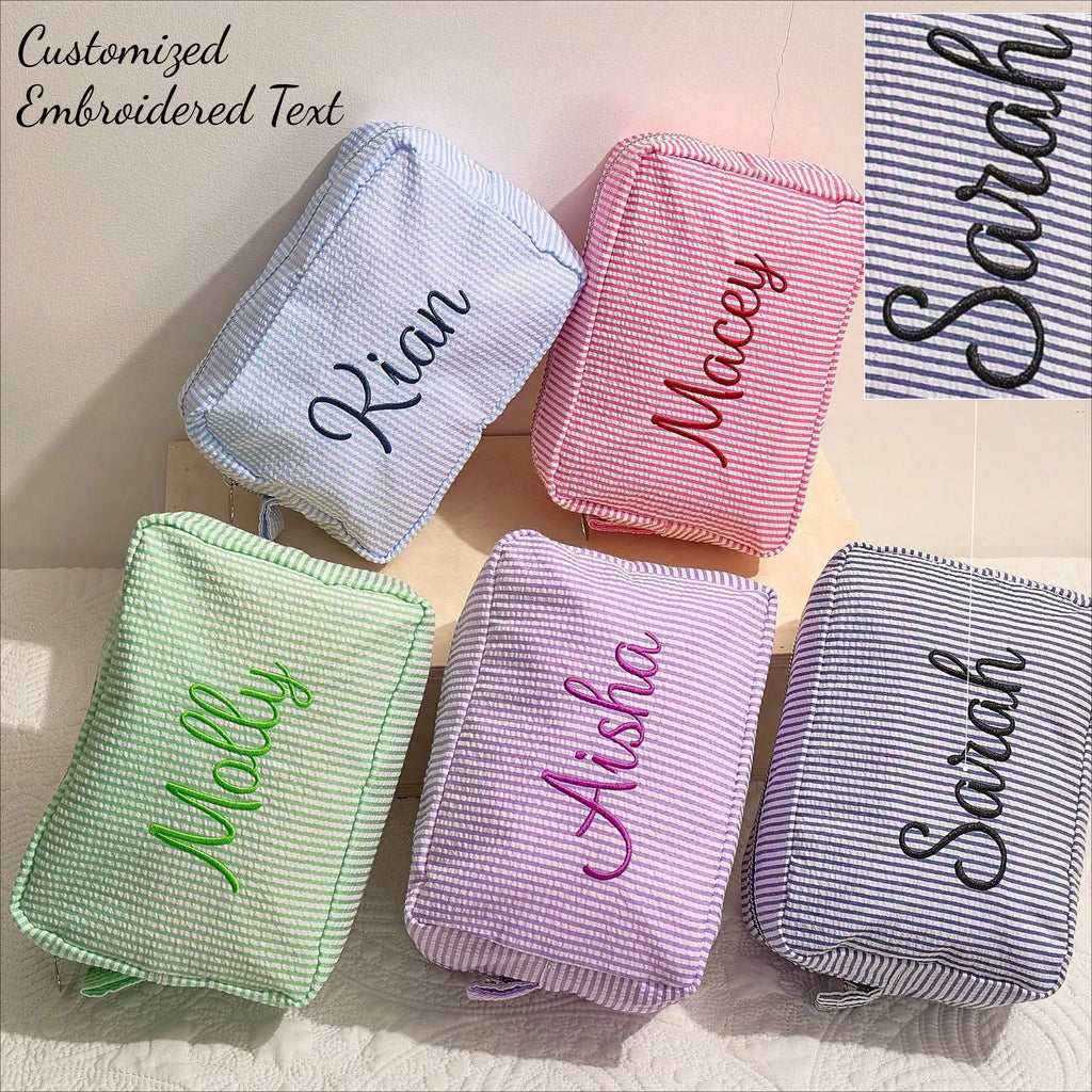 Personalized Striped Cosmetic Bag with Custom Text Embroidery Portable Travel Wash Bag Storage Pouch for DIY Makeup Skincare