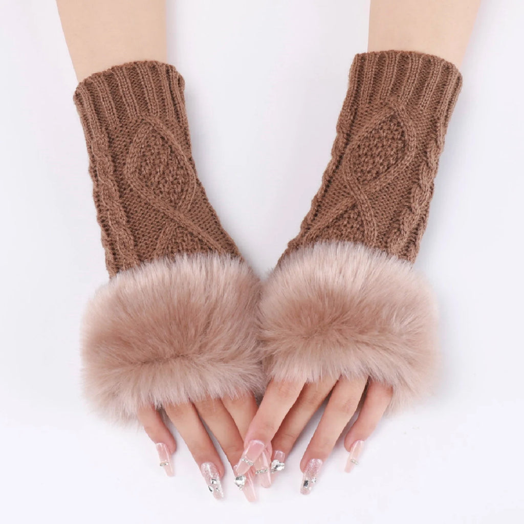 A Pair Of Women's Knitted Fingerless Gloves With Faux Fur Cuff, Warm Winter Fall For Ladies,  Cable Knit Arm Warmers For Cold