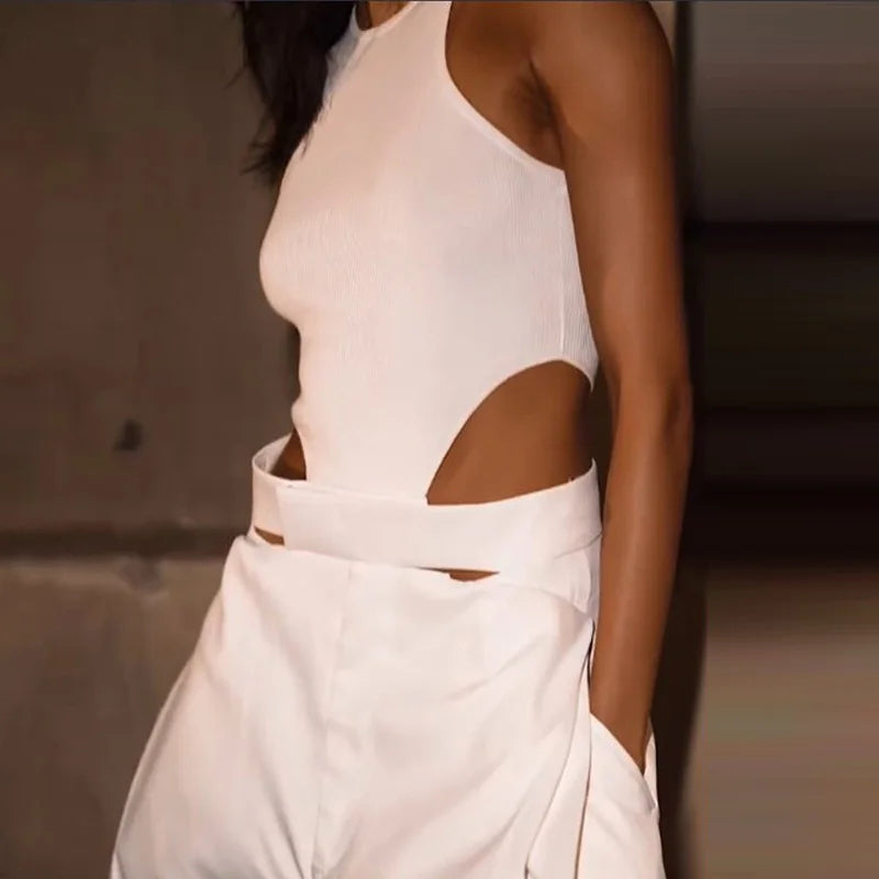 Chic Design Style Hollow Out White Jumpsuits Sexy Slim High Waisted Wide Leg Playsuits Elegant O Collar Sleeveless Pocket Romper