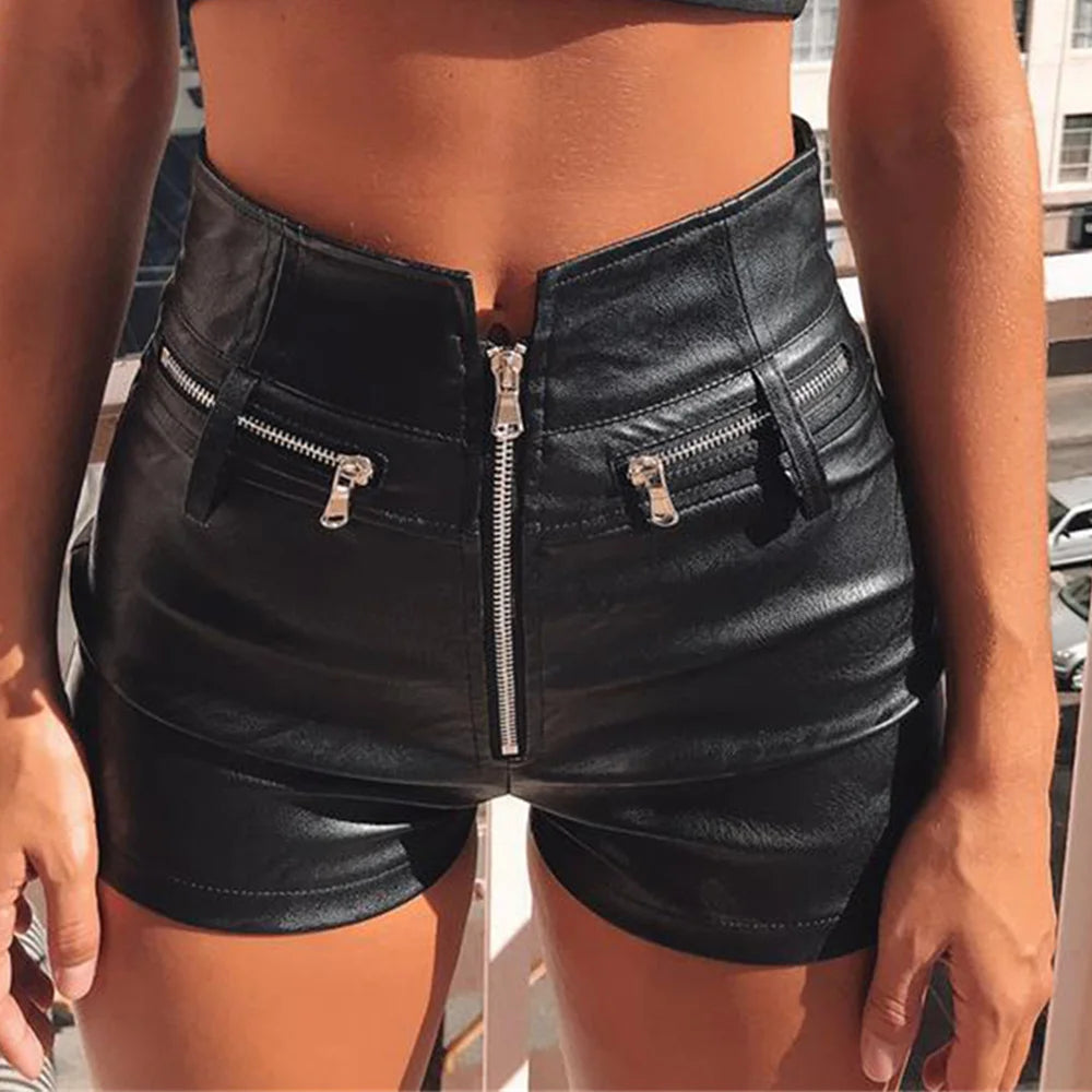 Sexy Black PU Casual Fashion Summer Shorts Women Clothing Goth Faux Leather High Waisted Womens Shorts Y2K Hot Woman Short Pants
