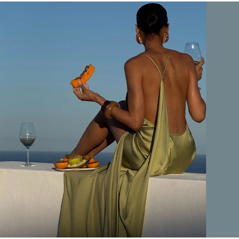 Backless Women Dress Satin Spaghetti Strap Maxi Dresses Back Tail Cowl Drape Front Neck Side Split Hem Elegant Evening Bodycon