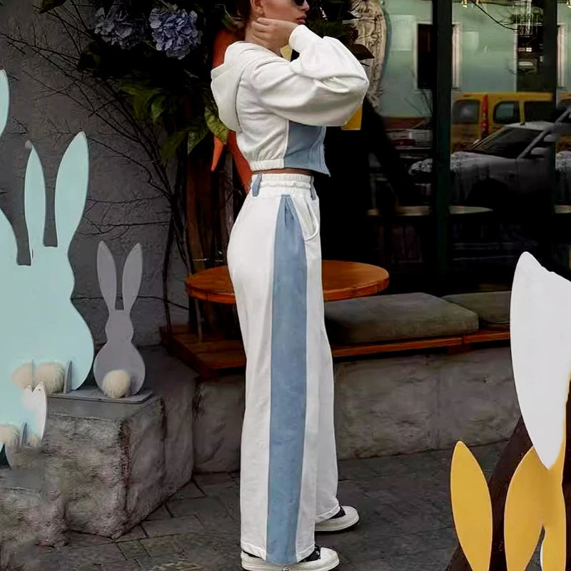 Hoodie Patchwork Denim 2 Piece Sets Women Outfit Slim Hoodies Crop Top Wide Leg Sweatpants Suit Streetwear Casual Tracksuits