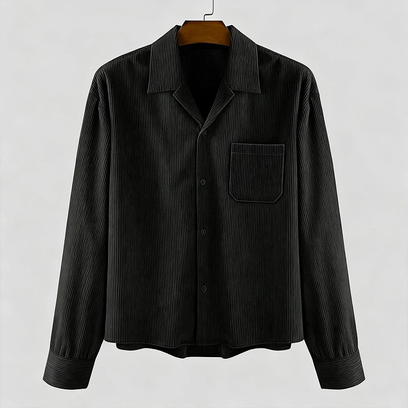 Autumn Men Corduroy Cropped Shirts Long Sleeve Solid Color Suit Collar Casual Blouse American Retro Premium Loose Cardigan Tops