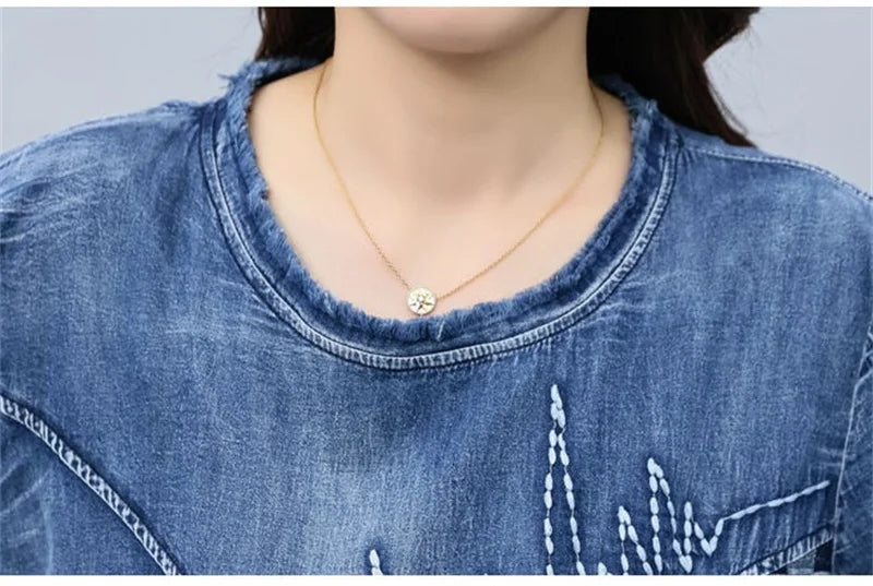 2026 Summer Women Embroidered Mosaic Lattice Denim Two-Piece Suit Fashion Sportswear Female Casual Loose 2 Piece Set Ladies