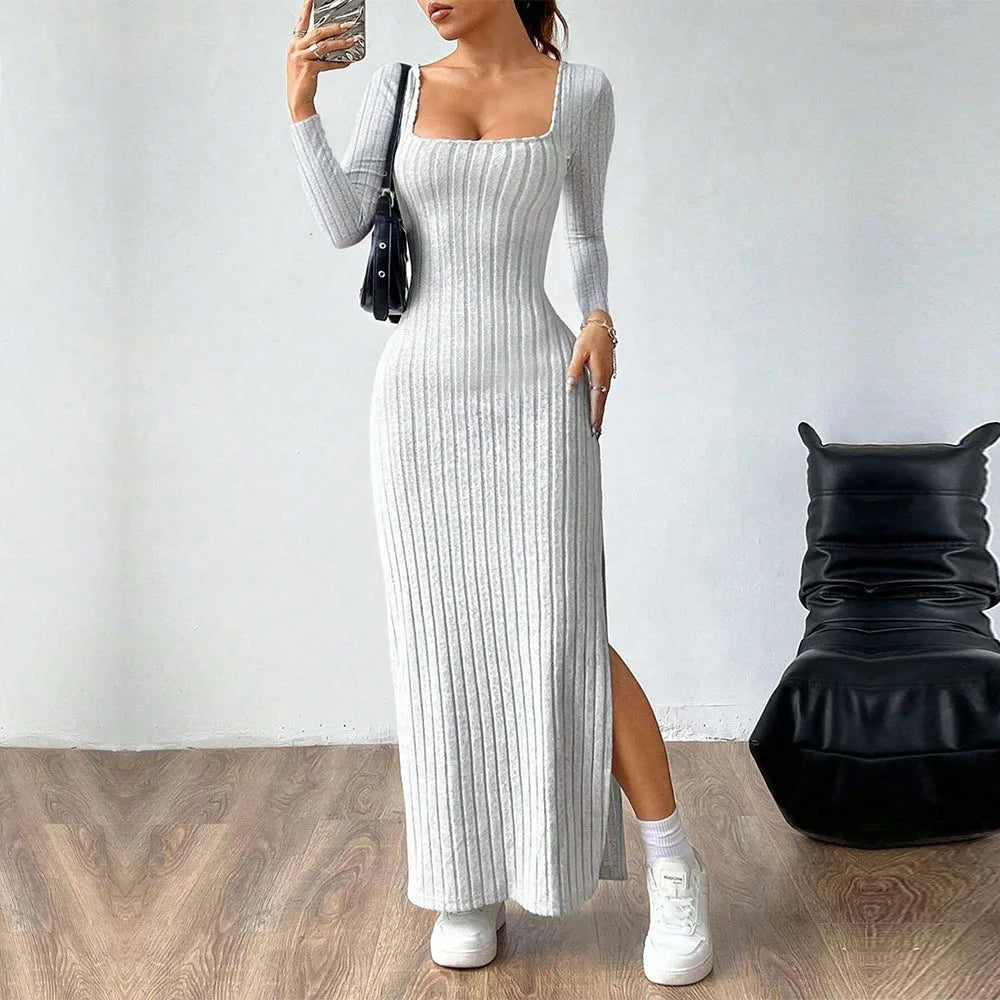 Women's Knitting Dress 2026 Spring Autumn Long Dress Minimalist Elegant Square Neck Backless Design Long Sleeve Midi Dress
