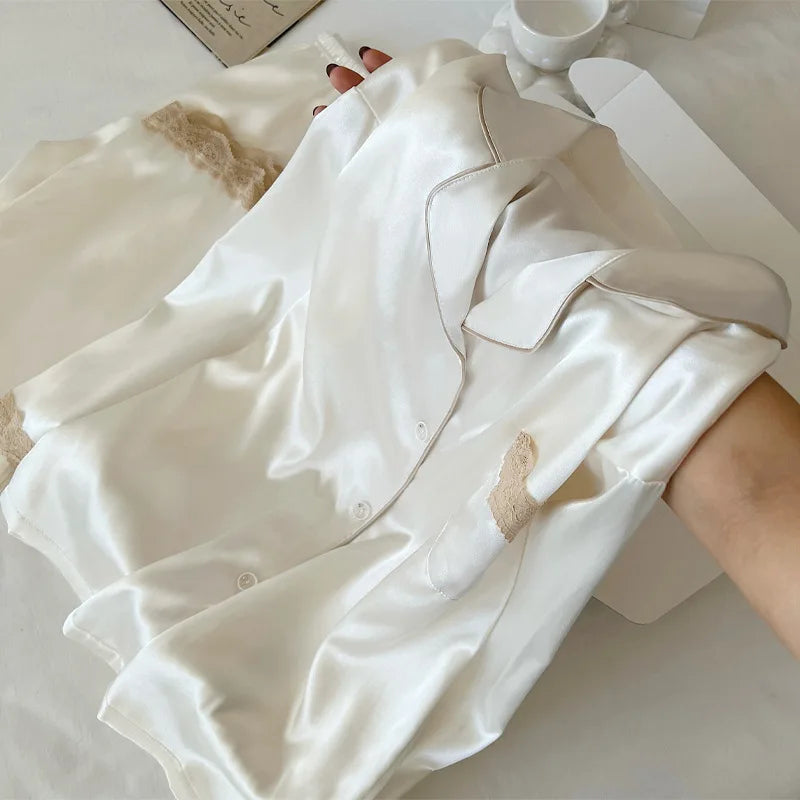 Women's Spring/Autumn Ice Silk Nightwear Set Luxurious Lace Trim Long-Sleeved Lightweight Homewear Actual Product Photography