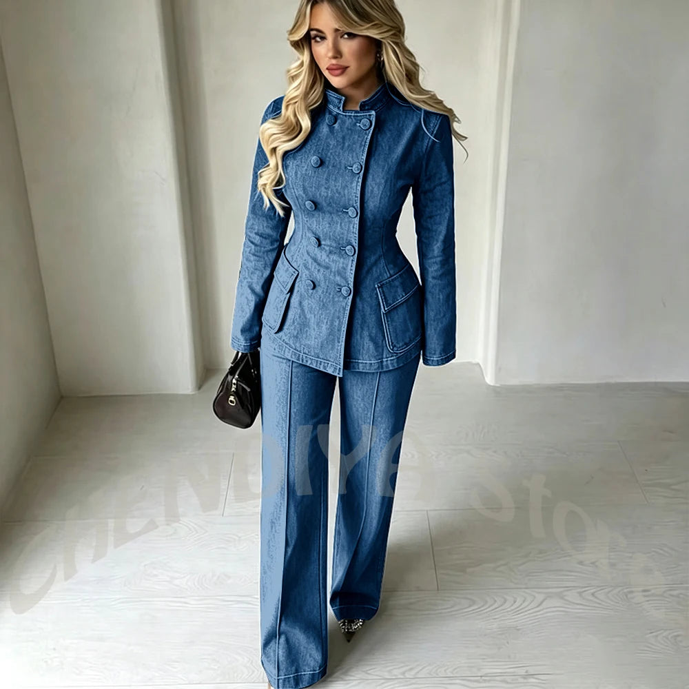 Women‘s Dark Blue Denim 2-Piece Suit Set Tailored Double Breasted Stand Collar Smart Casual Streetwear Chic Daily Outfits