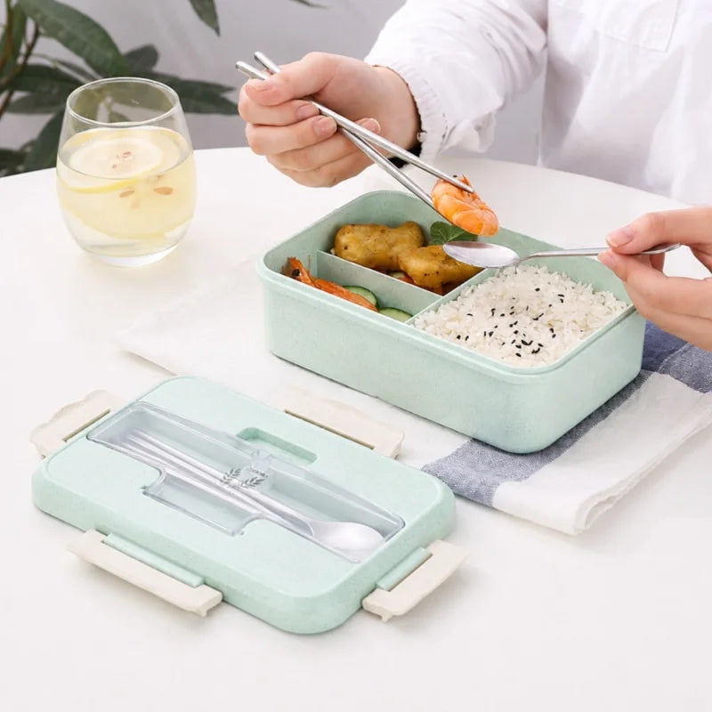 Wheat Straw Lunch Box Microwave‑Safe Portable Bento Box with Tableware Food Storage Container for Kids School Office