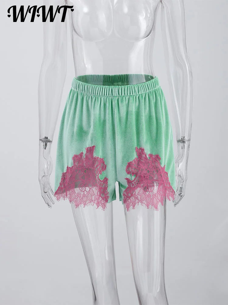 Lace Splicing Velvet Women's Short Pants 2026 Summer New Loose Elastic Waist High-waisted Mini Shorts Female Fashion Streetwear