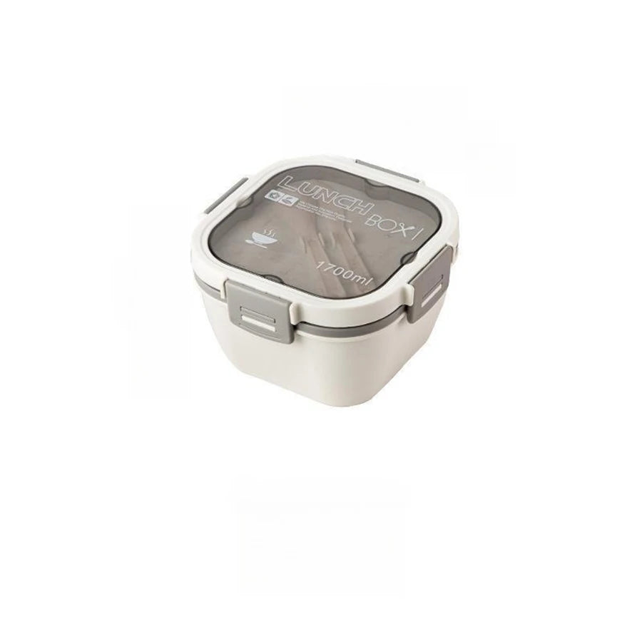 Double Stackable Lunch Box, 50 oz. Large Salad Bowl, 4 Compartment Tray, 3 oz. Sauce Container, Built-In Reusable Fork & Spoon