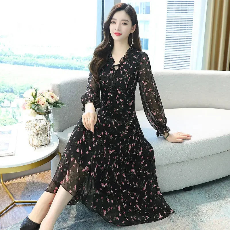 Woman Dress Summer Autumn New Long Sleeve Small Floral Chiffon Dress Dress Vestido De Mujer
