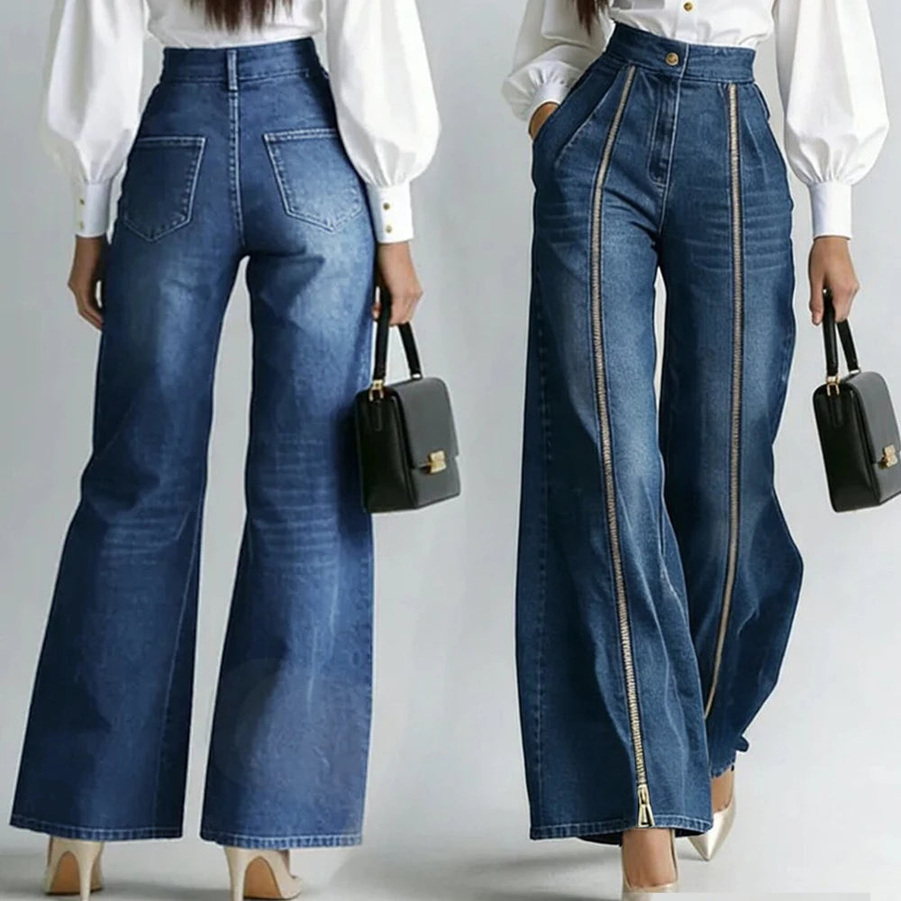 Women's Stylish Double Gold Zipper Denim Jeans Casual High Waist Vintage Straight Tube Wide Leg Flared Streetwear Denim Trousers