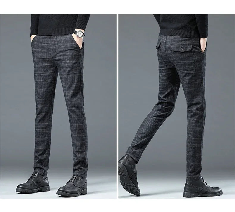 Business Men Pants Spring Autumn Korea Cotton Comfortable Elastic Plaid Casual Fashion Trousers Male Clothing Suit Pant