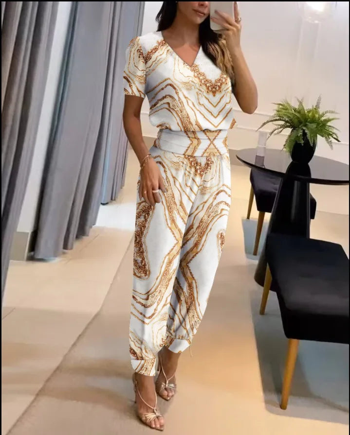2025 New Long Pant Sets Summer Fashion Casual V-neck Print Short Sleeve Trousers Suit Two-piece Set 2 Piece Sets Women Outfit