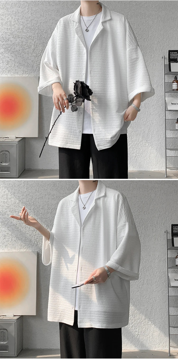 Ice Silk Shirt Men's High Quality Summer Fashion Brand ins 5-sleeve shirt loose casual masculina camisas hombre