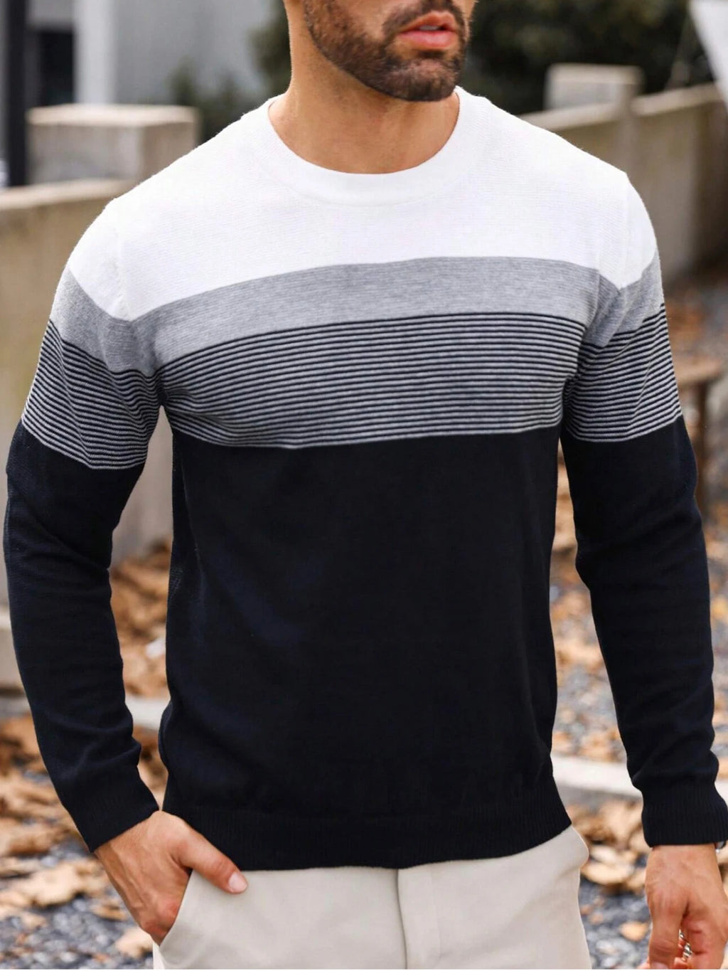 Men Spring Autumn Crew Neck Color Block Horizontal Striped Knit Sweater Long Sleeve Slim Casual Pullover Tops