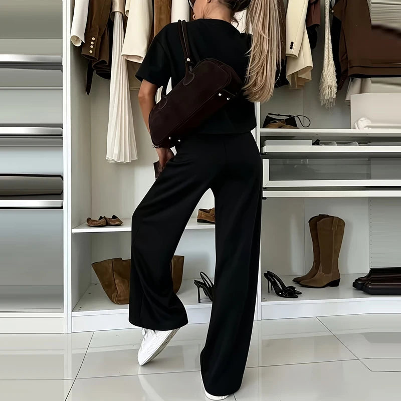 Women Fashion Simple Solid 2 Piece Sets Elegant O-neck Pullover Tops & Long Pant Suits Casual Short Sleeve Loose Summer Outfits