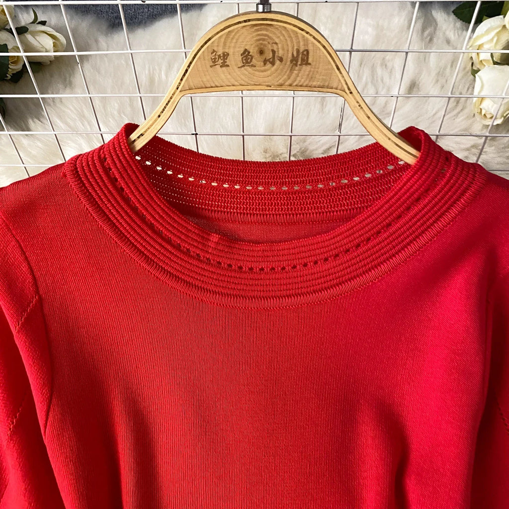 Red Senior Solid Knitting Dress Ladies O-Neck Short Sleeve Hollow Out Design Elastic Knitted Fashion Basic A-Line Dress