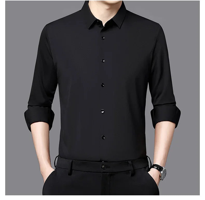 Seamless Anti-wrinkle Business Silky High Elastic Spandex Men's Long-sleeved Shirt Formal Social Non-iron Solid Color Casual