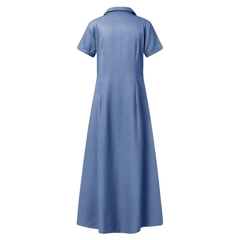Women Denim Dress Elegant Denim Dress with Ruffle Hem Patch Pockets Women's A-line High Waist Long Dress for Casual or Formal