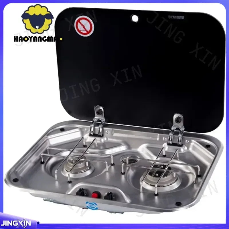 Custom for RV Camper Stainless Steel Double Burner Gas Stove with Tempered Glass Lid 2x1.35KW Outdoor Camping Kitchen