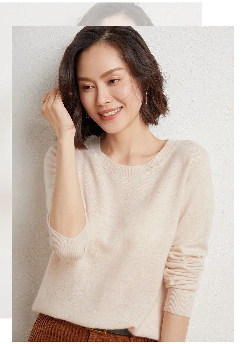 100%Merino Pure Wool Pullover Sweater For AutumnWinter Women's Round Neck Warm High-Quality Solid Color Basic Knitted Jumper Top