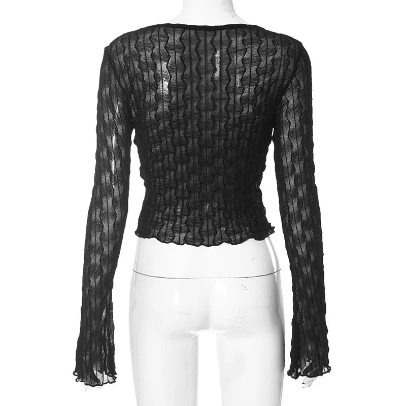 Gothic Lace Up Sexy Blouses Grunge Y2k Fairycore Long Sleeve T-shirts Female Transprent Skinny Fashion Tops