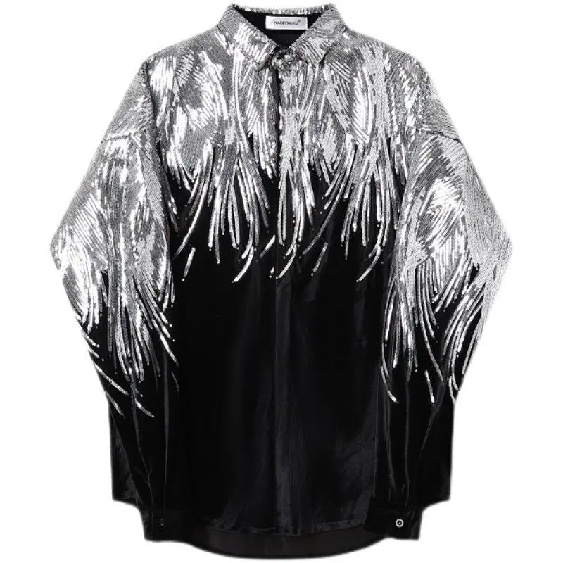 IEFB Summer Embroidery Sequin Velvet Fashionable Temperament Men's Long Sleeve Shirts Lapel Personal Design Oversize Tops 9Y6658