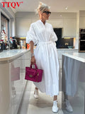 TTQV Fashion Loose White Cotton Women's Dress Casual Stand Collar Half Sleeve Midi Dresses Elegant Classic Lace-Up Female Dress
