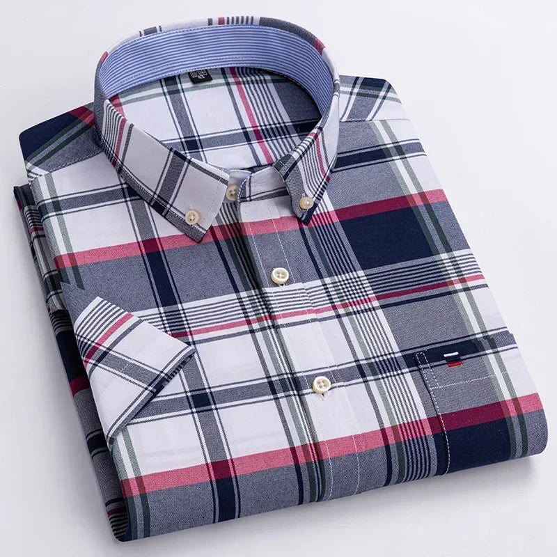 2025 100% Pure Cotton Men's Oxford Short Sleeve Square Collar Soild Plaid Striped Summer Casual Shirts Single Pocket  Shirt